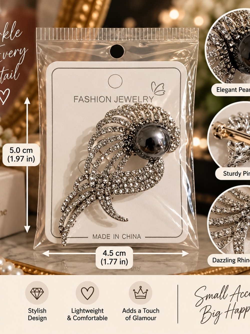 Fashion Jewelry Silver Rhinestone Brooch with Dark Pearl
